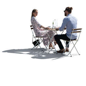 backlit cafe scene with man and womans drinking coffee and talking