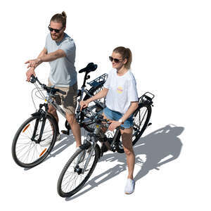 cut out man and woman with bikes seen from above