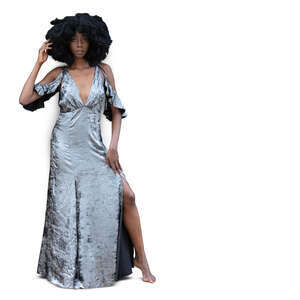 cut out woman in a long silver dress standing barefoot