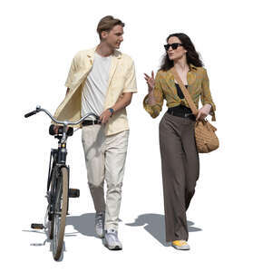 cut out man with a bike talking to a woman walking beside him