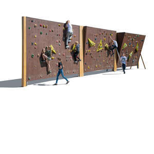 cut out group of children climbing on a rock climbing wall