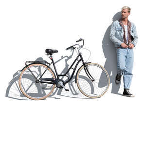 cut out man with a bicycle standing and leaning against the wall