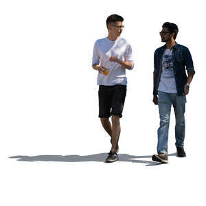 two cut out men walking in partial shade and talking