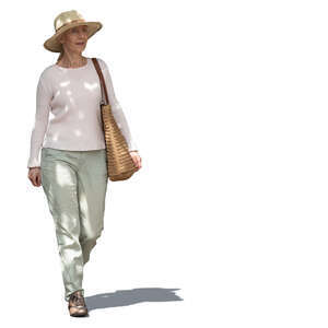 cut out older woman with a hat walkin under a tree shadow