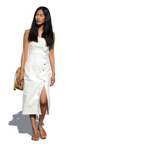 cut out asian woman in a white summer dress walking