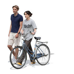 cut out man and a woman with a bike walking and talking