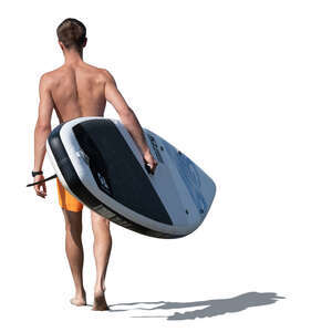 cut out young man carrying a sup board walking on the beach