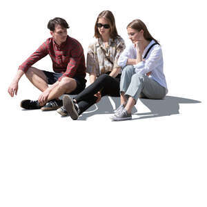 three cut out young people sitting on the sidewalk and talking