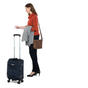 cut out woman with a suitcase checking into a hotel