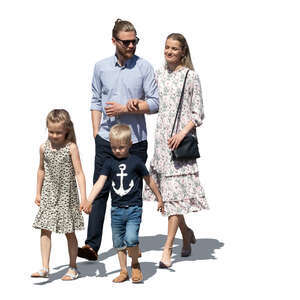 cut out family with two kids walking on a sunny summer day
