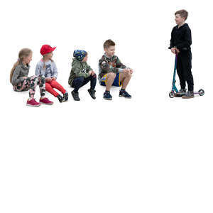 cut out group of children sitting and talking to a boy with a scooter