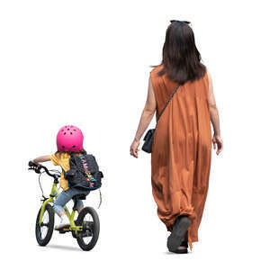 cut out woman walking and her daughter riding a bike beside her