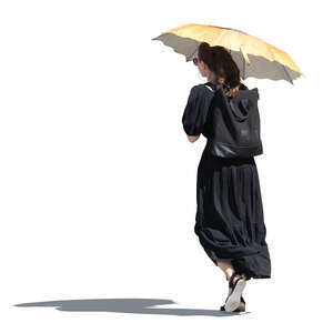 cut out woman in a black summer dress and holding a parasol walking