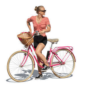 cut out young woman with a pink bike