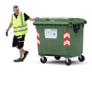 cut out man pulling a dumpster bin