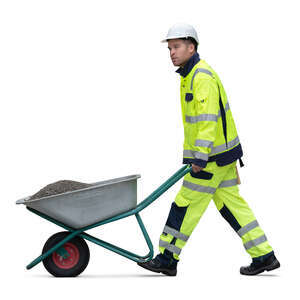 cut out construction worker pushing a wheelbarrow