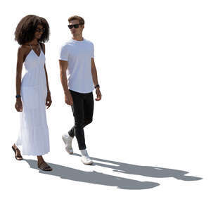 cut out man and woman in white summer clothes walking