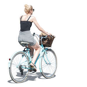 cut out young woman riding a blue city bike