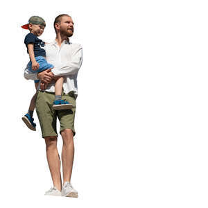 cut out father and son standing on a balcony and looking out