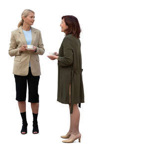 two cut out women on a coffee break standing and talking