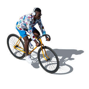 cut out black man with headphones riding a bike seen from above