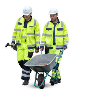 two cut out workers with a wheelbarrow walking