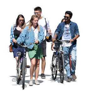 cut out group of young people with bikes walking and talking