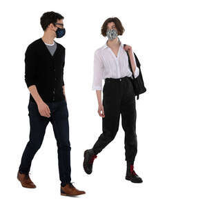 cut out man and woman with face masks walking