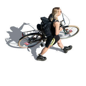 cut out top view of a woman with a bike walking