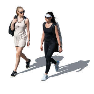 two cut out female tennis players walking seen from above