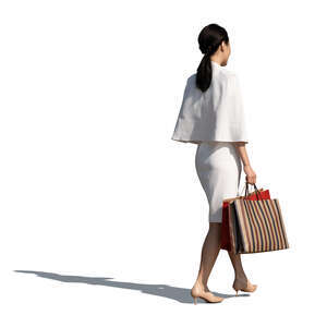 cut out asian woman in a white costume and wth shopping bags walking