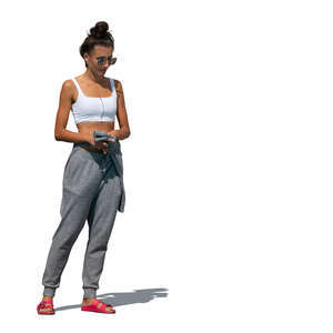 cut out woman in grey sweat pants standing