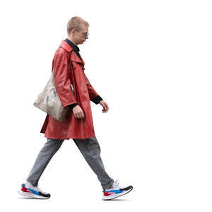 cut out young man in a red leather coat walking