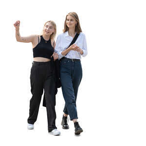 two cut out young women walking and talking