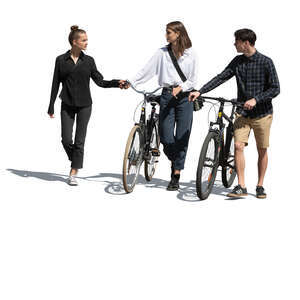 cut out group of friends with bikes walking and talking