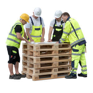 cut out group of workmen standing and discussing plans