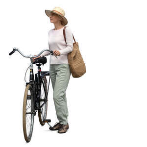 cut out elderly lady with a bicycle standing