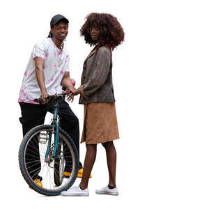 cut out man with a bike standing beside a woman and smiling