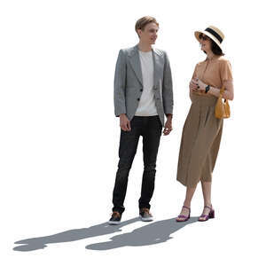 Cut out backlit man and woman standing and talking