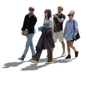 cut out backlit group of four people walking and talking