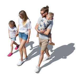 cut out family with two kids walking seen from above