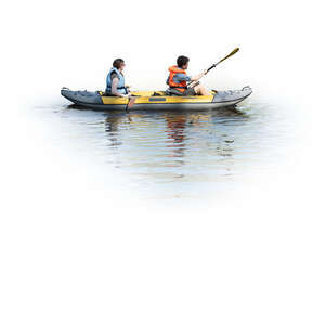 two cut out people paddling with canoe in the water