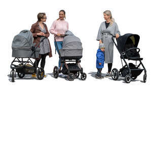 three cut out women with baby carriages standing and talking