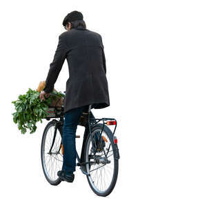 cut out man riding a bike home from groceries shopping