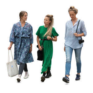 three cut out women walking and talking