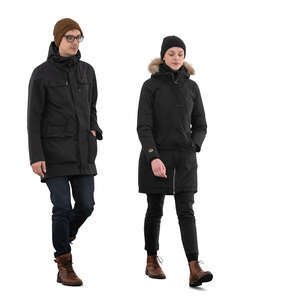 two cut out people on winter overcoats walking