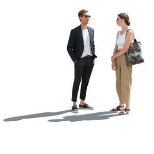 cut out backlit man and woman standing and talking