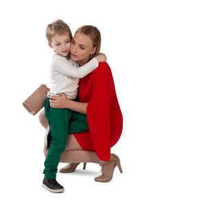 cut out woman squatting and hugging her son