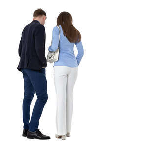 cut out man and woman standing and looking smth at a counter