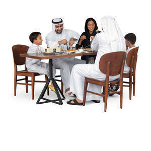 cut out arab family sitting in a restaurant and eating